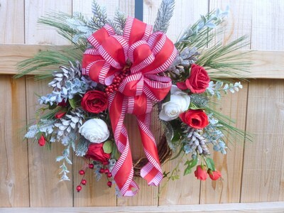 Red and White Christmas Rose wreath - image1